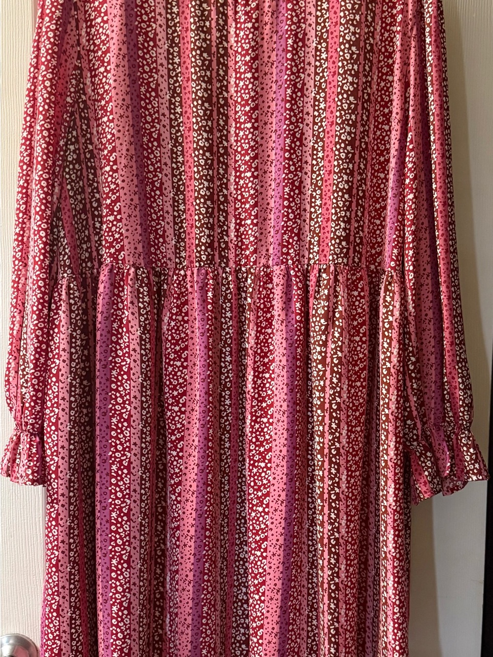 Women's Pink Long-Sleeve Tiered Maxi Dress with Mixed Floral Stripe